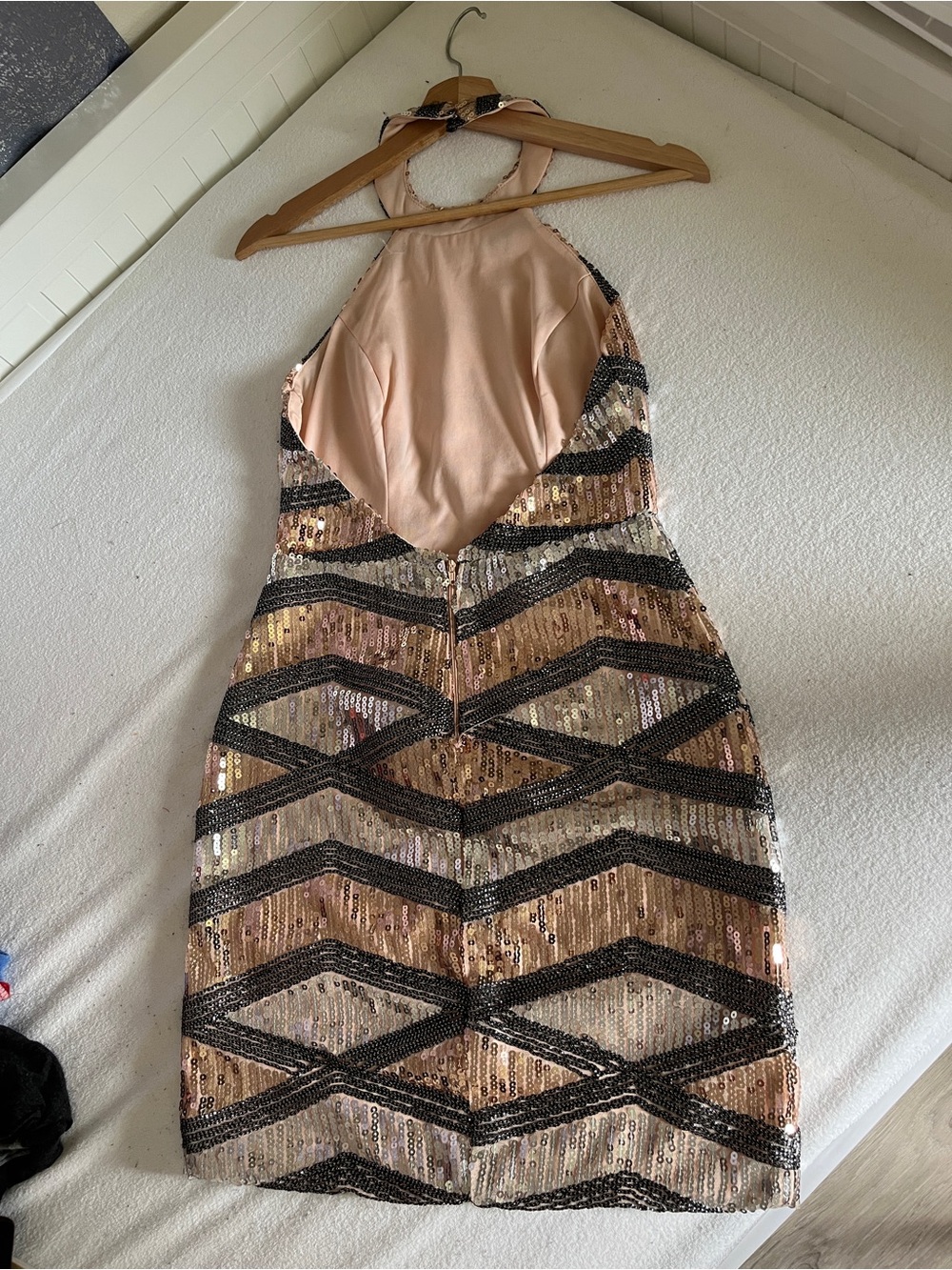 Charlotte Russe Rose Gold Sequin Halter Mini Dress with Black Chevron - Picture 3 of 4